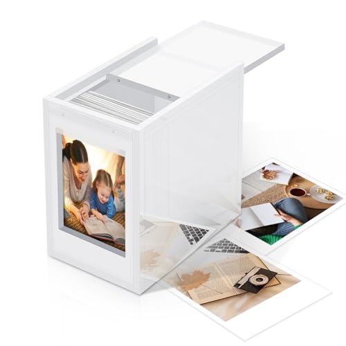 DEXLALA Caja de almacenamiento de fotos, marco acrílico y organizador de 50 fotos con tapa deslizante, color blanco