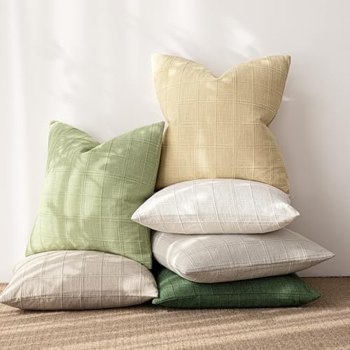 Image of Foindtower Set of 1 Decorative Linen Check Throw Pillow Cover Neutral Farmhouse Lumbar Cushion Cover Modern Boho Accent Home Decor for Sofa Chair Couch Bedroom Living Room,12x20 Inch,Light Green