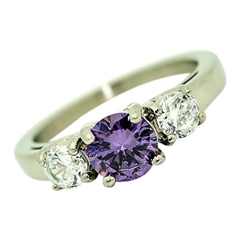 Birthstone Ring~February~Stainless Steel~3 Stone~Cubic Zirconia CZ~Amethyst~Purple Crystal~Mother's Ring~Fashion Ring~Women's Jewelry (5) Cover