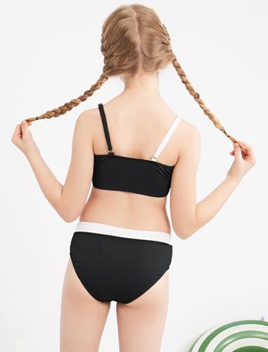 Weixinbuy Girls' Swimsuit Kid Two-Piece V-Neck Bikini Set Spaghetti Strap Twist Cross Bathing Suit Swimwear Size 13-14 White and Black4