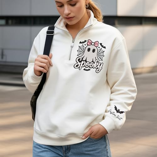 Love Signal Personalized Embroidered Ghost Sweatshirt - Custom Spooky Halloween Quarter Zipper, Shirts for Halloween Parties4