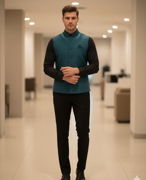 Image of Men's Self-Design Sleeveless Nehru Jacket for Festive and Formal Wear