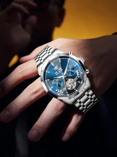 Image of OLEVS Men Automatic Watch Diamond Skeleton Mechanical Luxury Self Winding Moon Phase Calendar Waterproof Wrist Watch for Men