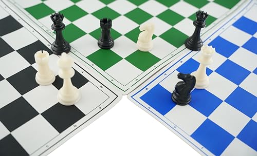 Image of 18'' X 18'' Professional Tournament Chess Set with Green,Black Blue Vinyl Foldable Chess Board Game with Solid Plastic Pieces with Extra Queens and Black Bag - Chess Combo
