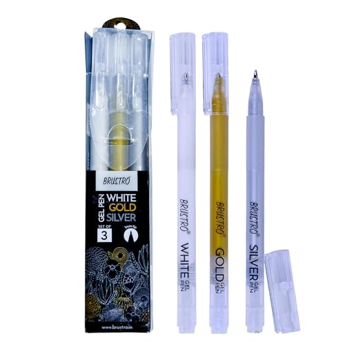 Image of BRUSTRO Assorted Gel Pen (White, Gold and Silver)|1mm Metal Tip - Set of 3,Opaque and Viscous Ink|Ideal For Drawing,Writing,Highlighting,Doodling,Scrapbooking,Mandala Art,Illustration