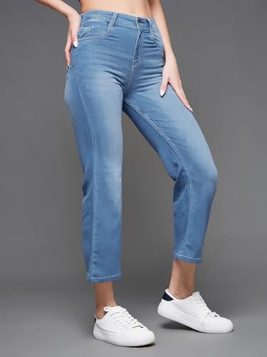 Image of Miss Chase Women's Skinny High Rise Cropped Fringed Hemline Detailing Stretchable Denim Jeans