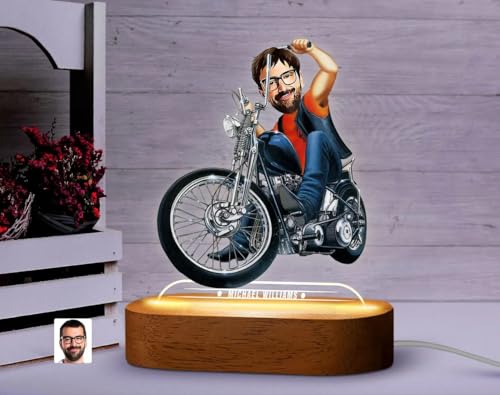 Image of THE GRANDEUR Personalized Caricature Gift for Men, Custom Bike Rider Cartoon LED Light with Wooden Stand - Acrylic Figurine, Unique Gift for Men & Him (15 x 6 cm)