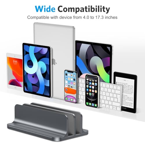 Image of OMOTON Vertical Laptop Stand [Updated Double Version], Desktop Aluminum Mac Book Stand with Adjustable Dock Size, Fits All Mac Book, Surface, Chrome Book and Gaming Laptops (Up to 17.3 inch) (Grey)
