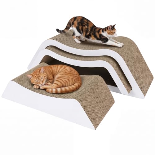 [DESIGN ONDULATO 3-IN-1 E PIEGHEVOLE] Questo innovativo tiragraffi per gatti in cartone ondulato vanta una struttura modulare con un elegante design a onda (a forma di M). Può essere utilizzato come rampa gioco, tunnel o come un'accogliente cuccia per il riposo. Essendo completamente pieghevole e impilabile, offre ai tuoi felini infinite possibilità di svago in un unico accessorio salvaspazio.