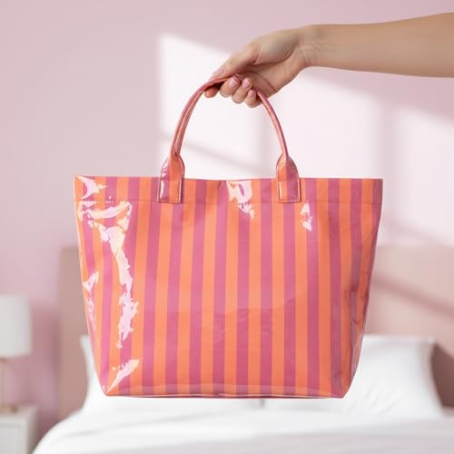 Image of Striped PVC Tote Bag for Women, Waterproof Plastic Hobo Handbag Summer Tote for Beach, Pool & Ideal Gift