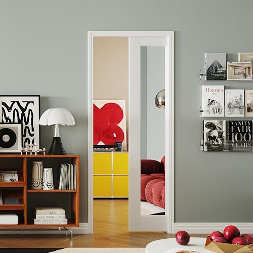 Image of Interior Pocket Door, 1-Lite Mirror Pantry Door Panel with Frame and Hardware Kit Set Plus Door Jamb, 32 inch x 80 inch Single Mirror Closet Door Slab for Sliding Door, No Panel Assembly Required