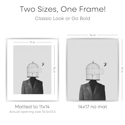 Image of Homeforia Silver 14x17 Picture Frame, High End Metal 14 x 17 Frame with Mat 11 by 14 in Photo, 14x17 Silver Poster Frame Matted to 11x14 Print, 17x14 Hanging Frames, Tempered Glass, Wall Kit, Set of 3
