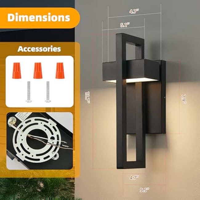 tewei LED Outdoor Wall Sconce Modern Exterior Lighting Fixtures, Matte Black Outdoor Front Porch Lights LED Outside Wall Mount Lights for House, Hallway, Warm White 3000K, 2 Pack