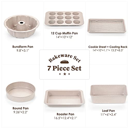 Nonstick Baking Pans Set - Bakeware Set Baking Sheets For Oven, 7 Pcs Stackable Baking Set W/Cookie Sheet, Cake Pan, Loaf Pan, Muffin Pan, Roaster Pan, Cooling Rack, Ptfe & Pfoa Free Baking Supplies #TOP1