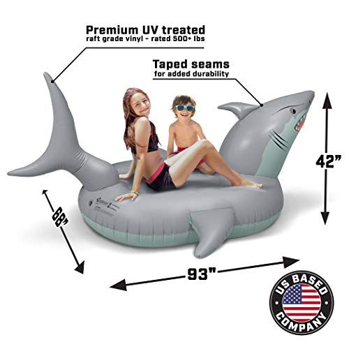 Image of GoFloats Giant Inflatable Shark Pool Float | Raft Includes Bonus Shark Drink Float | Swimming Fun for Kids and Adults, Gray