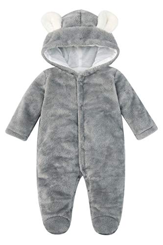 Kids4ever Baby Romper Winter Solid Gray Print Toddler Baby Pajamas Cartoon Ear Hooded Infant Baby Winter Outfits 3-6 Months