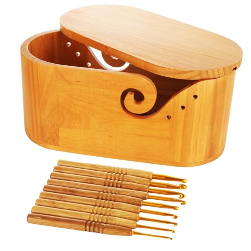 LANIAKEA Oval Yarn Bowl with 9 Crochet Hooks and Lid Oval Wooden Yarn Bowl for Crocheting Yarn Storage Crochet Bowl Knitting Gift for Crocheters (10.8x5.5x4.9inch)