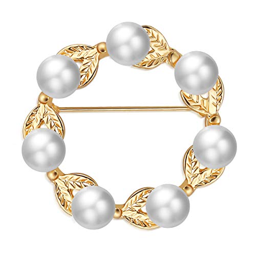 Penannular Scarf Cardigan Brooch Sweater Brooches Pearl Leaves Corsage Shawl Pins Gold-Tone Bouquet Breastpin Decoration Jewelry for Clothes Hat Women (Gold)