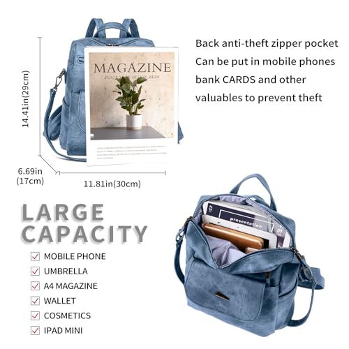 Image of Backpack Purse for Women, PU Leather Backpack Purse, Fashion Travel Anti Theft Backpack, Multipurpose Lightweight Waterproof Convertible Purse Shoulder Bag Handbag, Blue