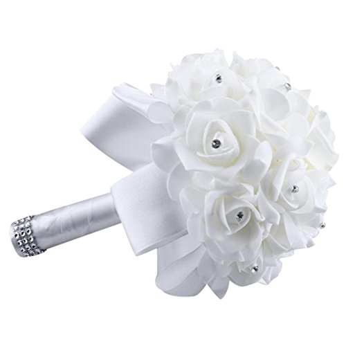 Han Shi Artificial Silk Flowers, Crystal Roses Pearl Bridesmaid Wedding Bouquet Branches (S, White)