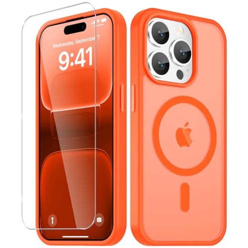 Image of YENAPOON for iPhone 15 Pro Case, Matte Magnetic Phone Cover [with 1 Screen Protector] [Support for MagSafe] [Shockproof Military Grade Protection] Translucent Frosted Back, Orange