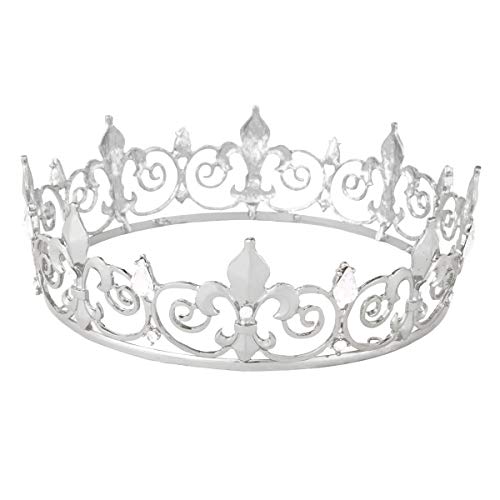 King Crown,Vofler Prince Costume Royal Medieval Fleur De Lis Metal Cake Topper Tiara w/ Clear Crystals for Men Boy Queen Bachelor Birthday Halloween Costume Hats Party Prom Pageant Homecoming, Silver