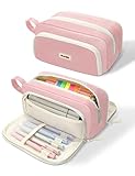 SUNEE Large Pencil Case, Big Capacity Pen Pouch with 3 Compartments, Kawaii Cute Pencil Bag with Zipper, High Storage Stationery Holder and Organizer, School Supplies for Teen and Adult Girls, Pink