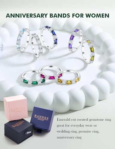 Sterling Silver Birthstone Rings for Women Sapphire/Ruby/Emerald/Aquamarine Wedding Band 3mm Stackable Half Eternity 7 Stone Anniversary Ring Wife Mom Birthday Jewelry Size 6-104