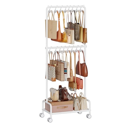 Hayexiha 3-Tier Purse Organizer for Closet with 16 Wide Hooks Rolling Purse Rack Stand with Wheels for Purse Storage Adjustable Handbag Organizer Large Tall Purse Storage Organizer for Small Place