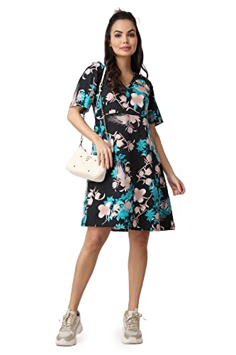 Image of POPWINGS Casual Printed V-Neck Short Sleeves Knee-Length Fit and Flare Dress for Women || Frokc-Style Summer Wear Dresses for Women || Loose-Fit Comfortable Women Dress for Regular Wear