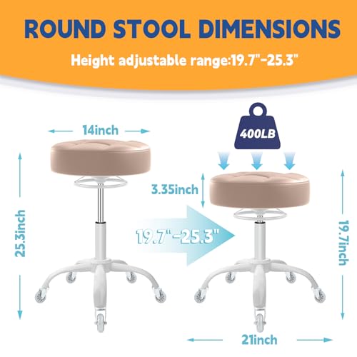 Image of Rolling Stool Heavy Duty 400lb: Super Soft Seat Cushion,360 Swive,Height Adjustability,No Squeaky Noises,No Tip Over,New Upgraded stool Salon Stool Chair, Tattoo Facial Massage Spa Medical(Beige)