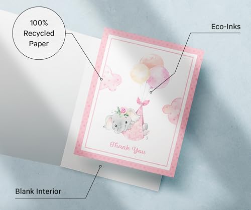 Image of Twigs Paper Baby Girl Shower Thank You Cards, 12 Pink Elephant Note Cards