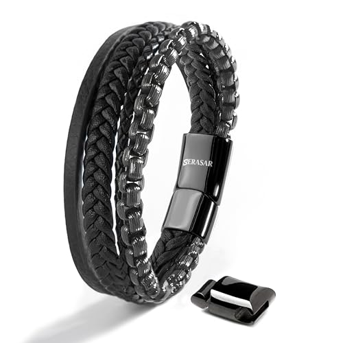 Image of SERASAR Premium Leather Bracelet Men | Stainless Steel Magnetic Clasp | Three Colors | Jewelry Box Included