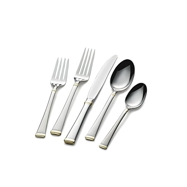 Mikasa Harmony 65-Piece Stainless Steel Flatware Set with Serveware, Service for 12, Gold-Accent