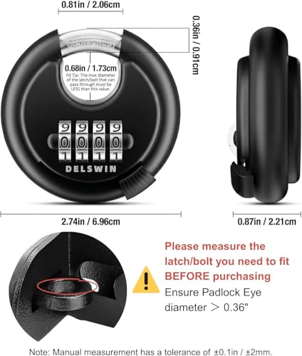 Image of DELSWIN 4 Digit Combination Disc Padlock with Hardened Steel Shackle Combo Lock for Sheds, Storage Unit, School Gym Locker and Fence (Black,1Pcs)