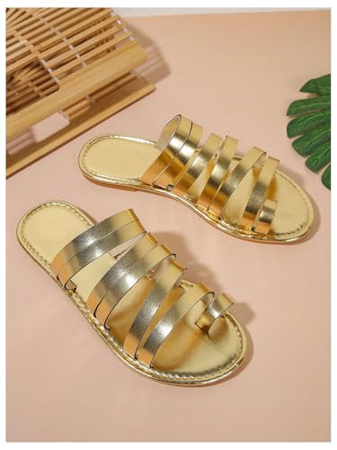 OYOANGLE Women's Metallic PU Leather Toe Post Flat Sandals Open Toe Ankle Strap Sandal Comfortable Walking Slides2