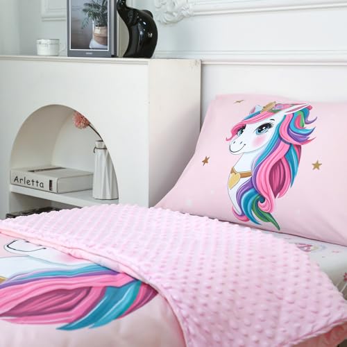 Image of 4 Piece Toddler Bedding Set - Ultra Soft Breathable Toddler Bedding Set for Girls, Includes Quilted Comforter, Flat Sheet, Fitted Sheet and Pillowcase(Unicorn)