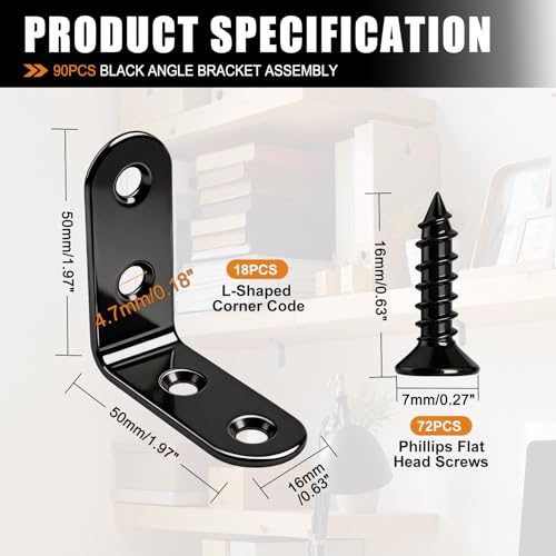 Image of mankk 90PCS L Corner Brackets Black Mending Plates Metal Bracket Stainless Steel Flat Brace Brackets Fixed Connecting Plate for Wood Repair Fixing