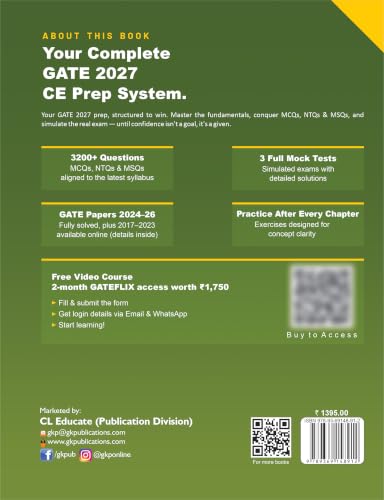 Image of GATE 2027 Civil Engineering Guide | Complete Study Material with 3200+ MCQs, NTQs & MSQs | 3 Full Mock Tests | Chapterwise Practice | GATE CE Book for PSU & IIT Admissions