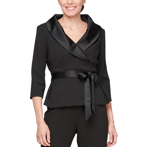 Alex Evenings Women's 3/4 Sleeve Tuxedo Top with Tie Waist, Formal Blouse (Petite and Regular Sizes)