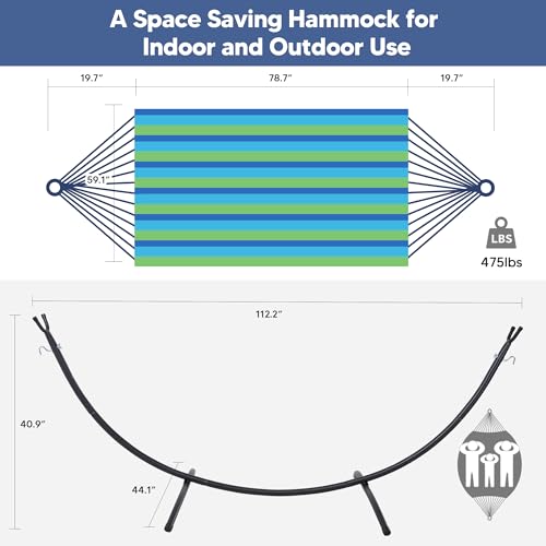 Image of SUNCREAT Portable Outdoor Hammock with Stand Included, Double Hammock with Stand for Outside, Blue & Green Stripes