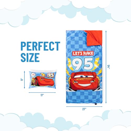 Image of Jay Franco Kids Slumber Bag and Pillow - 54 x 27 Inch Comfy Indoor Sleeping Bag for School and Sleepovers, 2 Piece Set, Blue - Cars