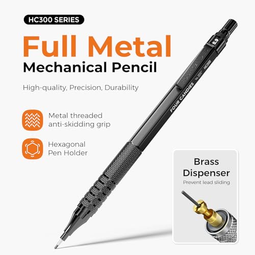 Image of Four Candies Metal Mechanical Pencil Set, 3PCS Art Drafting Pencils 0.5, 0.7, 0.9MM & 2PCS 2MM Mechanical Drawing Pencils with 420PCS Leads (4B 2B HB 2H Color) for Writing Sketching Drawing (Black)
