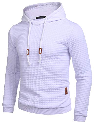 COOFANDY Men's Sweatshirt Hipster Gym Long Sleeve Drawstring Hooded Plaid Jacquard Pullover Hoodies White