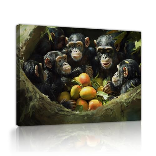 UIRINGART Happy Monkeys Lienzo Cuadro de Pared Arte de Pared Fruta Fresca Pintura Melocotón Póster Obra de Arte para Sala de Estar Dormitorio Casa Moderna Decoración de Pared 60x80cm Marco interior