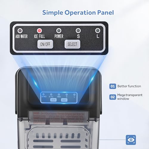 LIVINGbasics Machine à glace en acier inoxydable, auto-nettoyage,9 Cubes en 6-12 min 26 Lbs/Jour. 1.2L Réservoir de stockage d'eau. Vue couvercle de fenêtre. 35dB. Eau auto & Alertes de glace. & panier inclus.