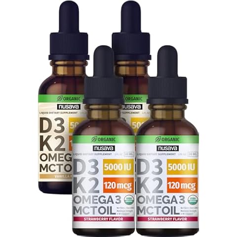 NUSAVA Strawberry Flavored D3 K2 Liquid Drops and Vanilla Flavored D3 K2 Liquid Drops Bundle - Potent Liquid Vitamins for Heart, Joint, Bone, Muscle, & Immune Support - Non-GMO, Gluten-Free, 2pk Each Cover