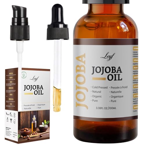 Leyf Bio Jojobaöl 100 ml, 100% Rein, Vegan, Körper, Haare, Gesicht, Nägel, Glasflasche + Glaspipette + Pumpe, Feuchtigkeitspflege, Futterspender, Körperöl Straffend