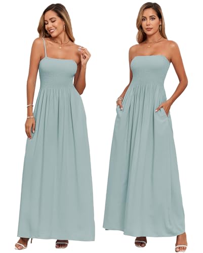 Image of Women Detachable Strap Beach Dress Strapless Smocked Pockets Maxi Dress | Removable Straps Flowy Swing A Line Maxi Beach Dress Boho Vacation Casual Smocked Strapless Beach Wedding Guest Sundress