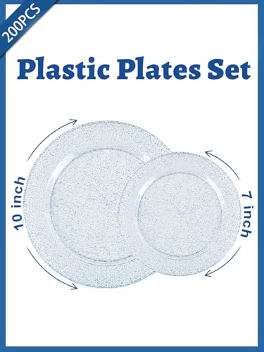 Image of WDF 200PCS Blue Plastic Plates - Blue Glitter Plastic Plates - Heavy Duty Disposable Plates - Include 100 Dinner Plates 10 inch and 100 Dessert Plates 7 inch for Parties /Wedding /Birthday
